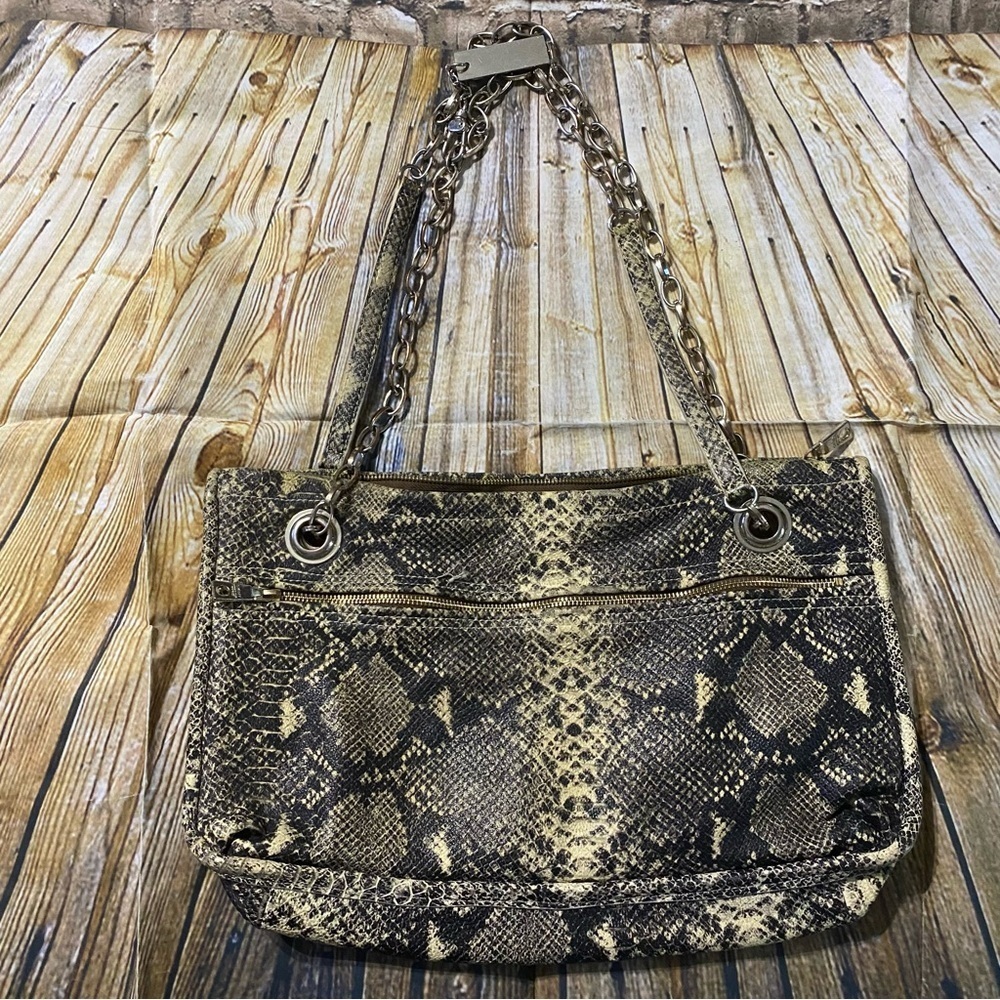 DKNY Beige Black Snakeskin Leather Shoulder Bag Crossbody Purse 16 X 10 X 3.5”